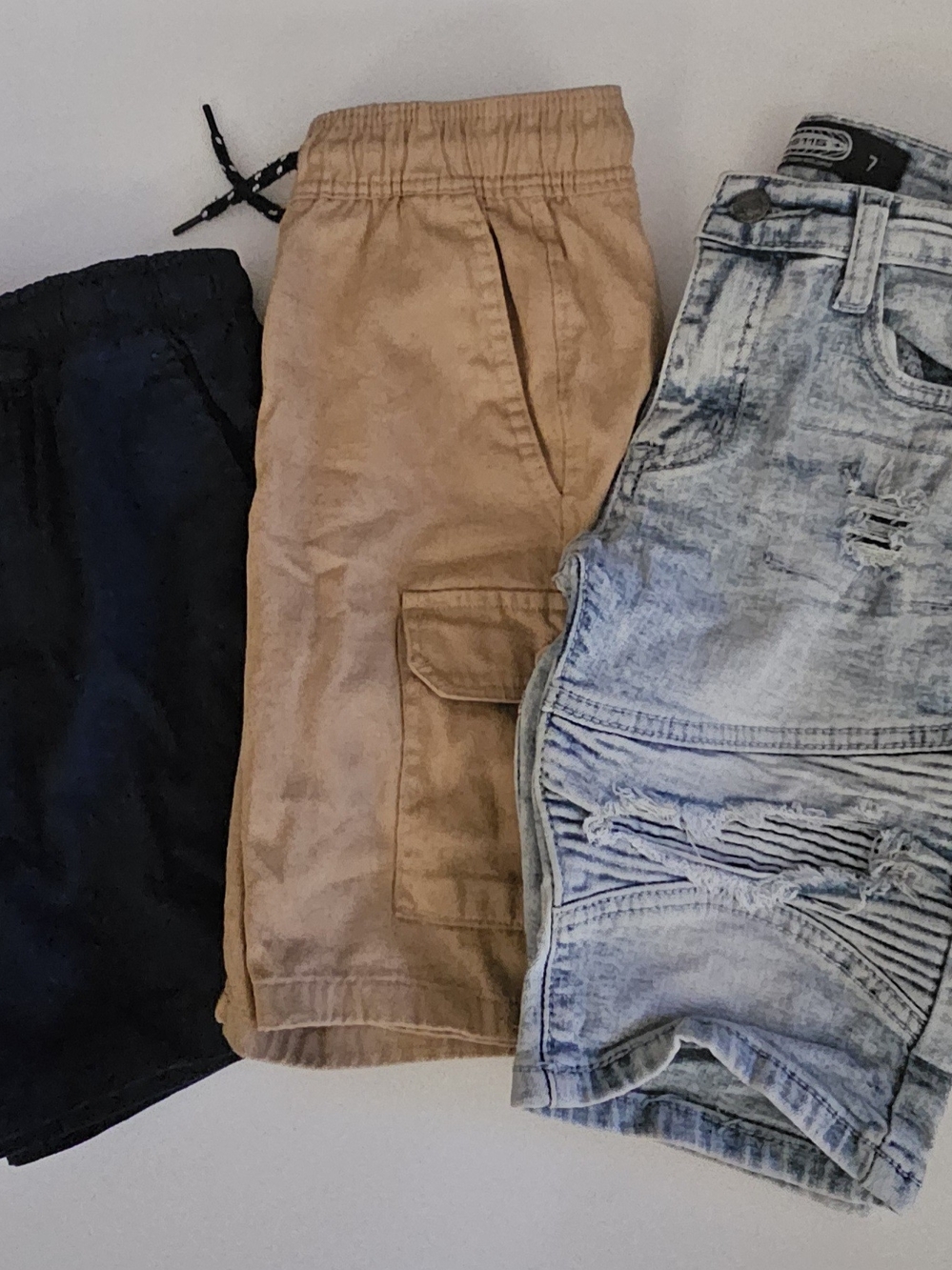 Kids Navy Blue, Tan & Distressed Denim Cargo - Comfortable Everyday Shorts